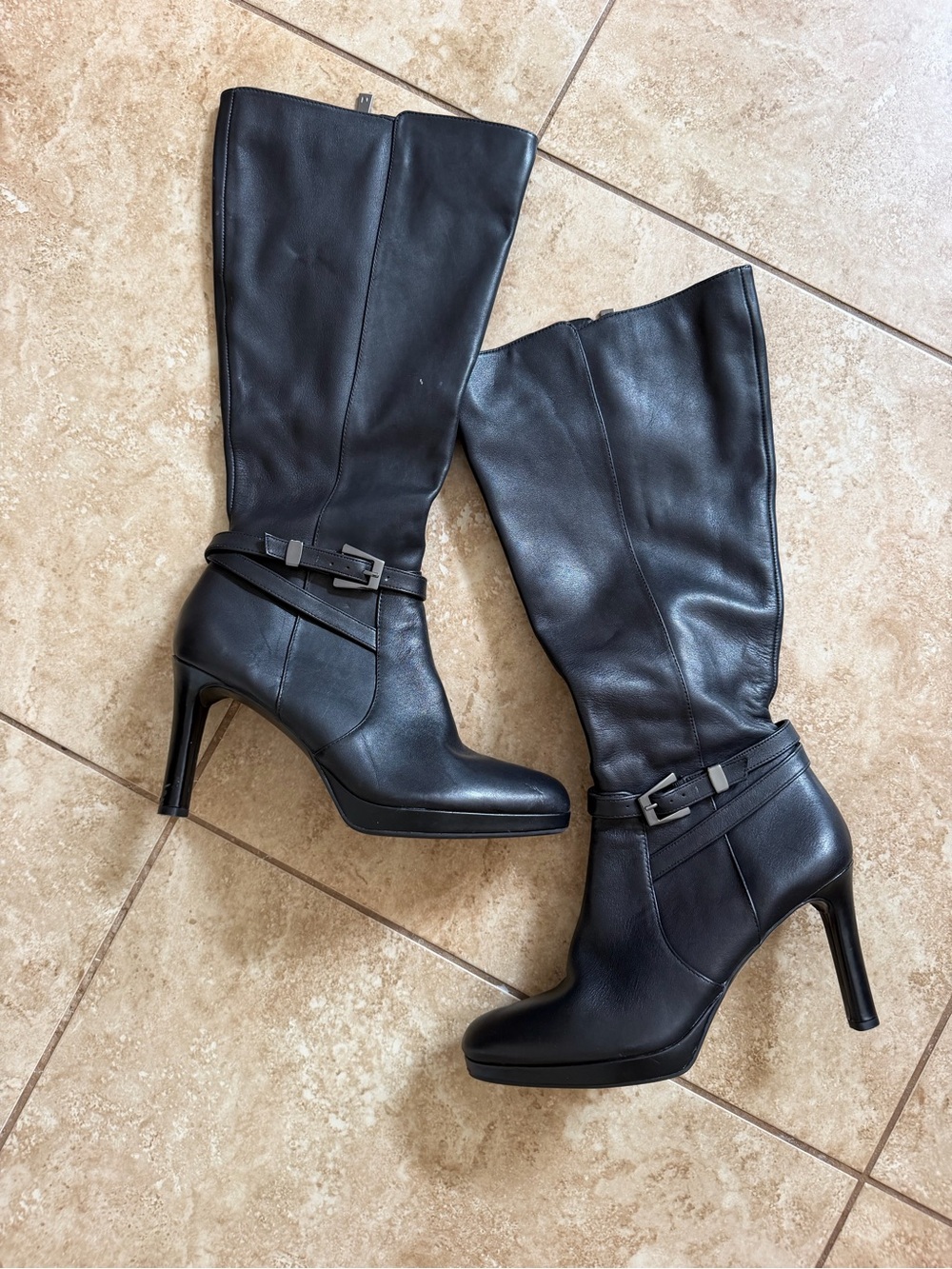 Naturalizer Black Leather High Heel Knee Boots with Buckle